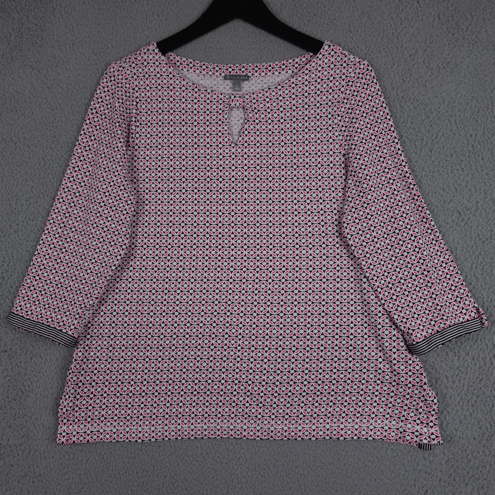 T by Talbots Shirt Womens Large Pink Black Medallion Keyhole Neck Pique Knit Top